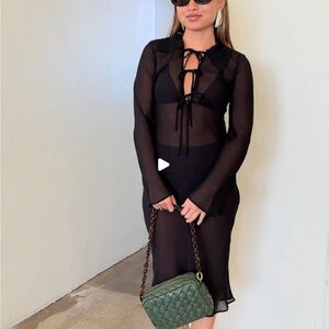 NIA the Brand Sheer Tie-Front Black Midi Dress